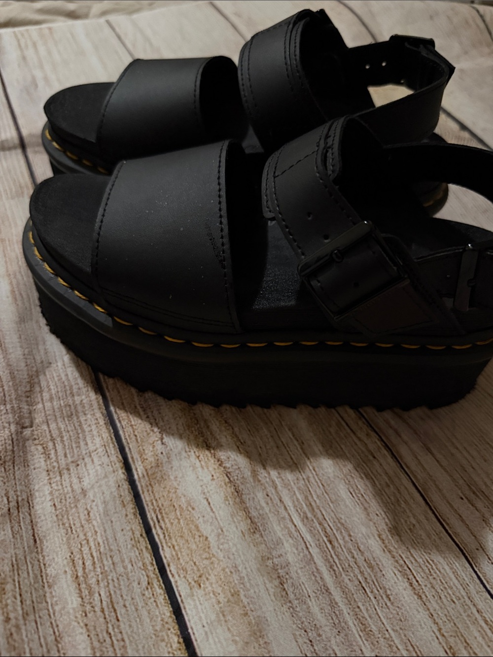 Dr. Martens Black Platform Strap Sandals with Yellow Stitching